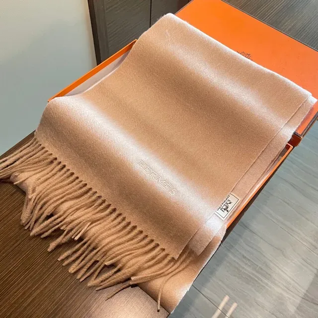 Hermès Beige Écharpe Cachemire Texture Douce Bords Effilochés 4