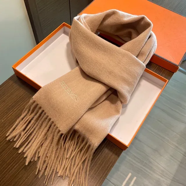 Hermès Beige Écharpe Cachemire Texture Douce Bords Effilochés 6