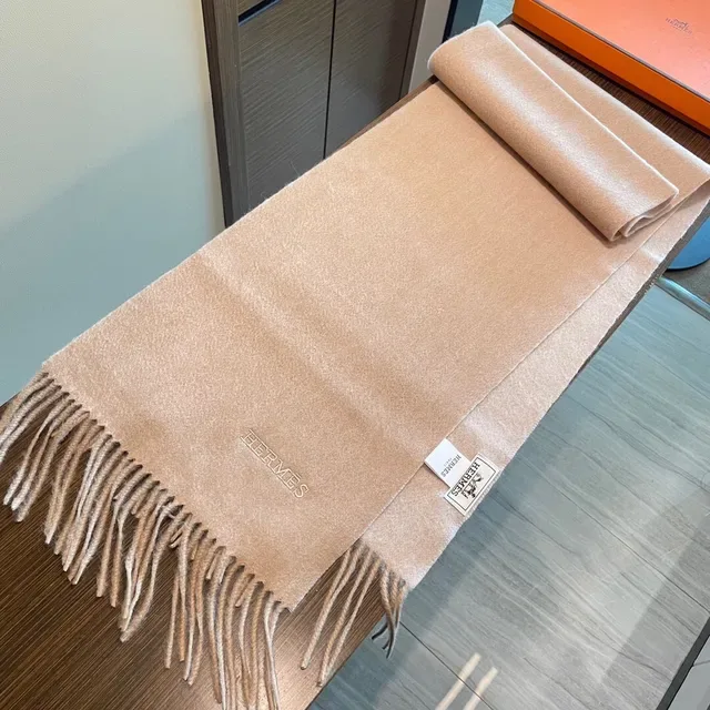 Hermès Beige Écharpe Cachemire Texture Douce Bords Effilochés 7