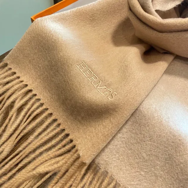 Hermès Beige Écharpe Cachemire Texture Douce Bords Effilochés 9