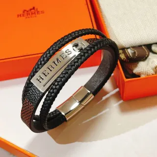 Hermès 黑色/棕色 双层编织皮革手链