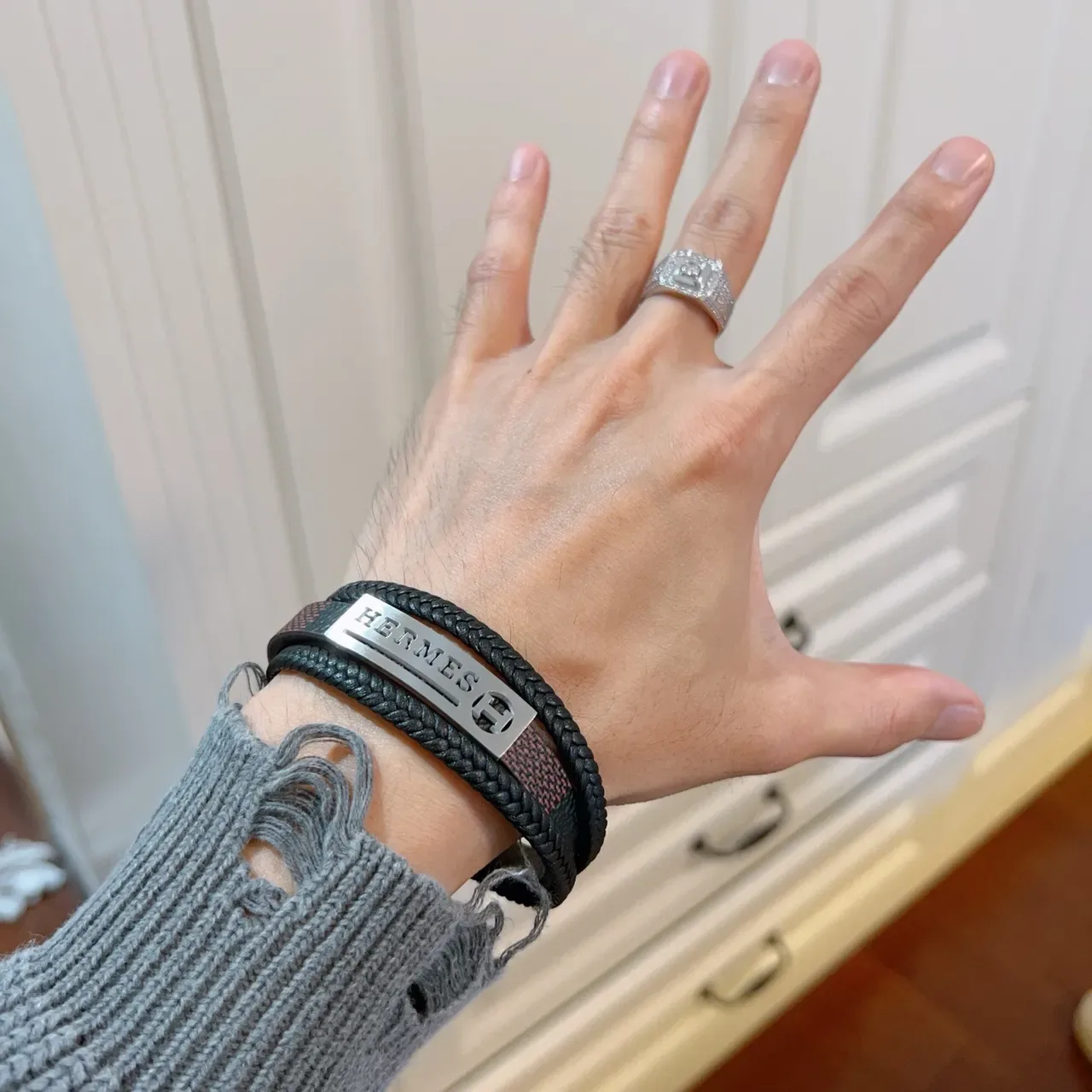 Hermès Black Brown Double-Wrap Braided Leather Bracelet 2