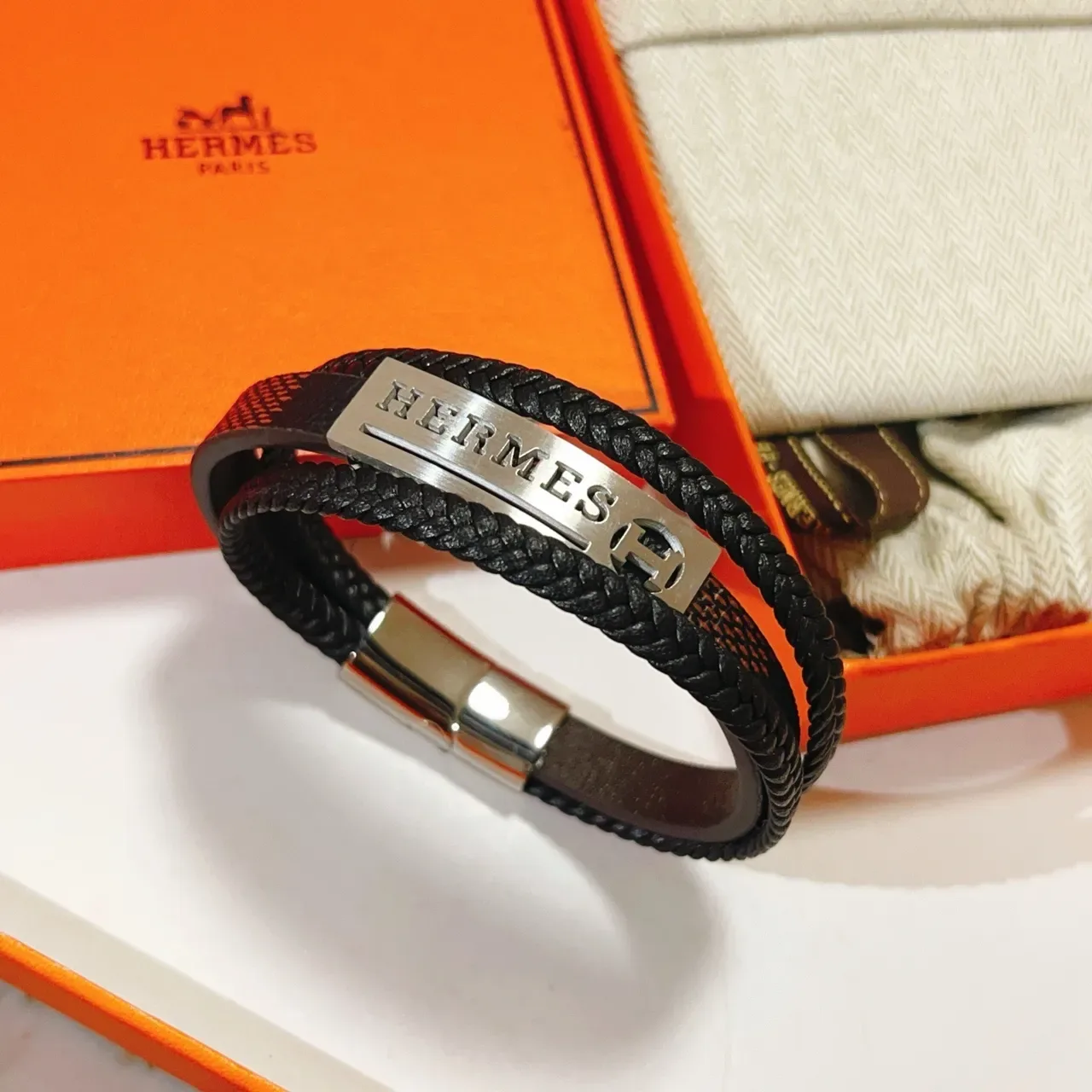Hermès Black Brown Double-Wrap Braided Leather Bracelet 3