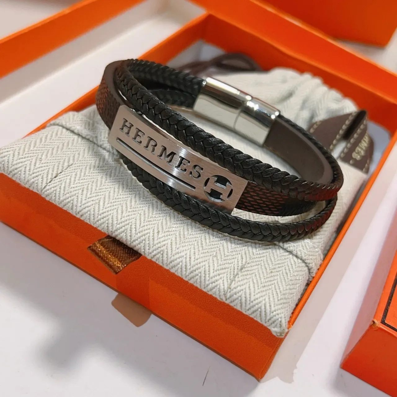 Hermès Black Brown Double-Wrap Braided Leather Bracelet 4