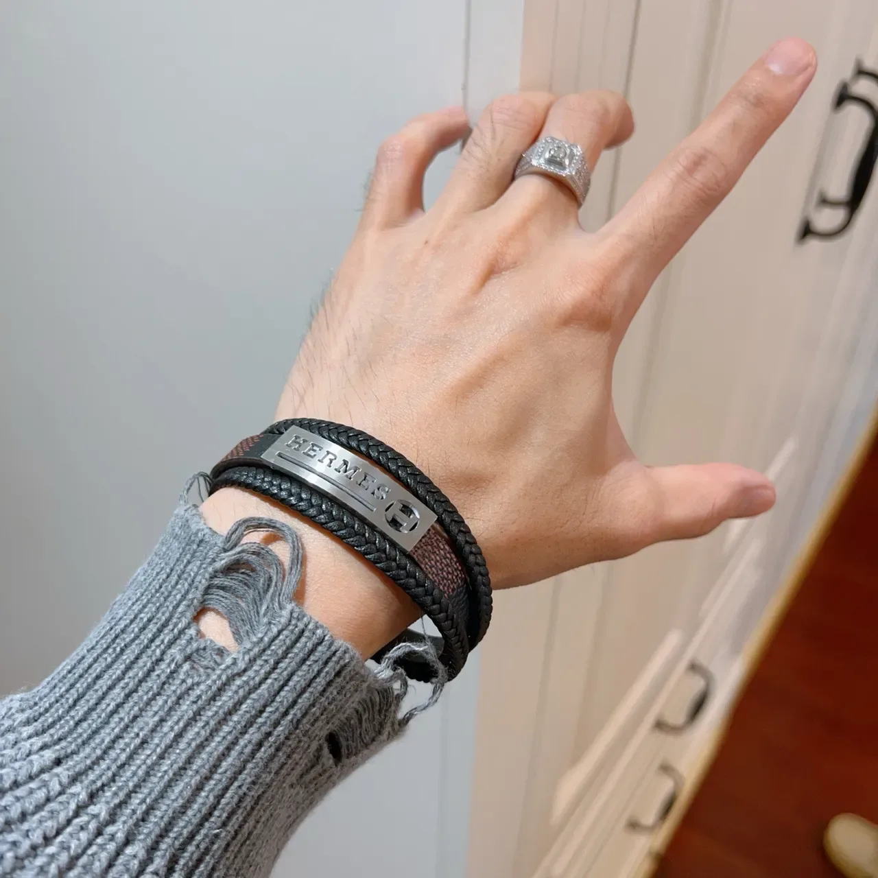 Hermès Black Brown Double-Wrap Braided Leather Bracelet 5