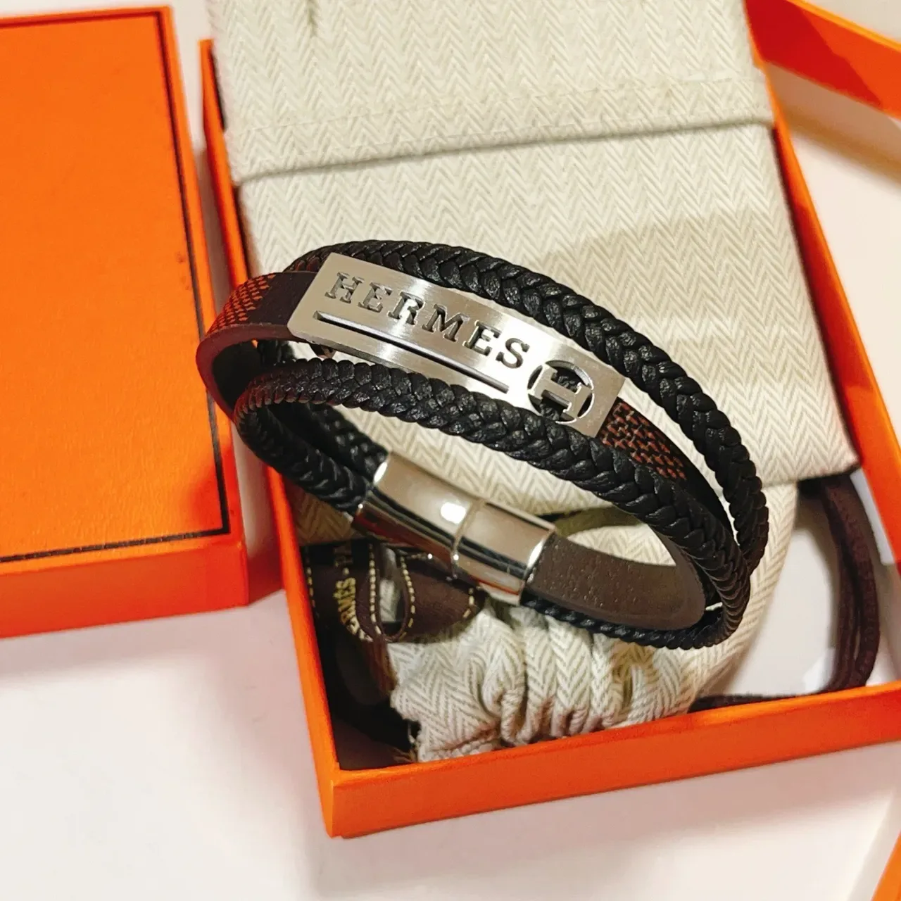 Hermès Black Brown Double-Wrap Braided Leather Bracelet 6