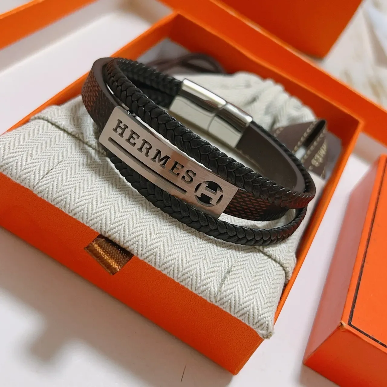 Hermès Black Brown Double-Wrap Braided Leather Bracelet 7