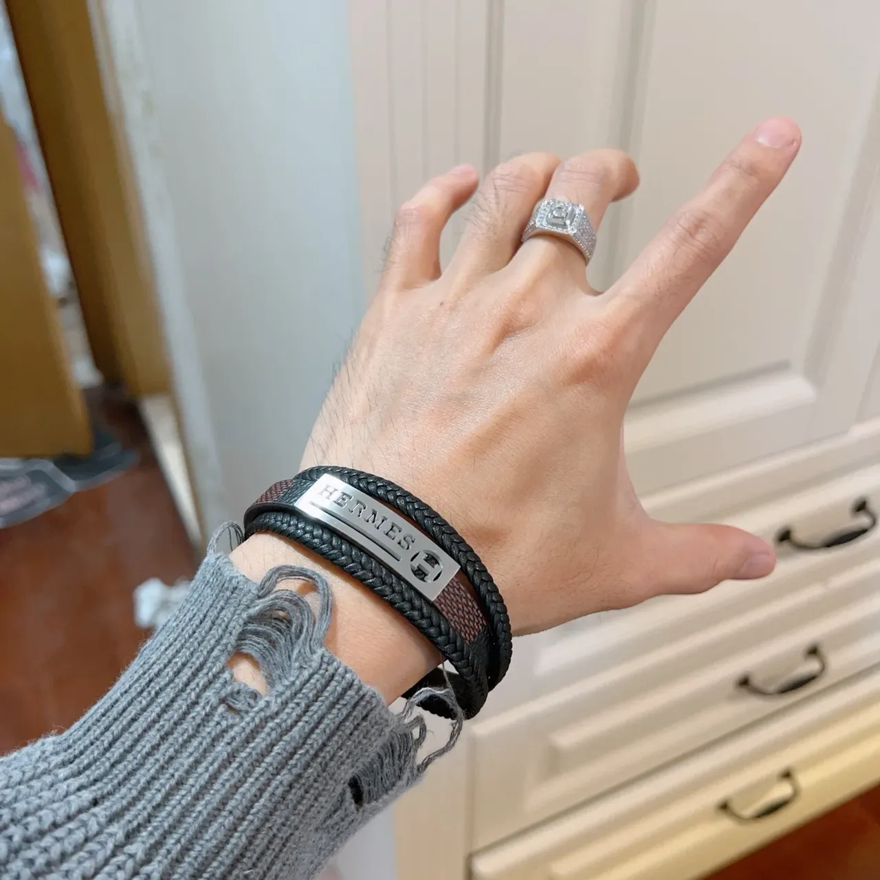 Hermès Black Brown Double-Wrap Braided Leather Bracelet 8