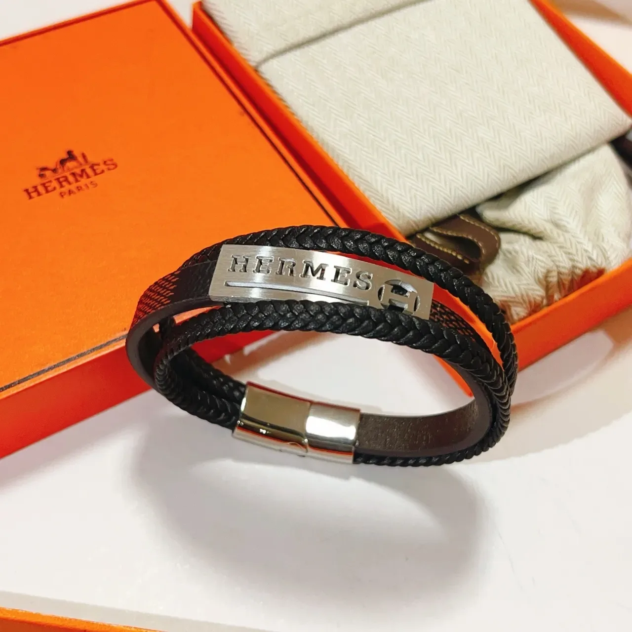 Hermès Black Brown Double-Wrap Braided Leather Bracelet 9