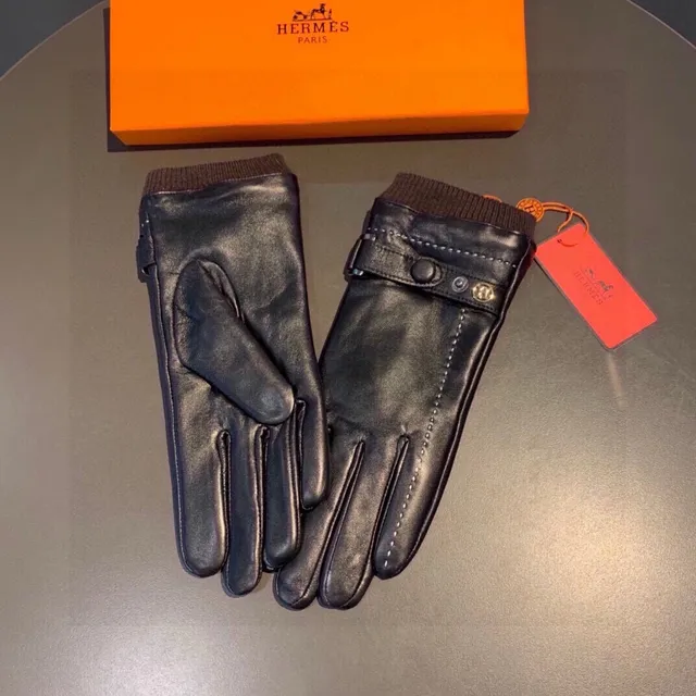 Hermès Black Brown Smooth Exterior Shearling-Lined Cuff Leather Gloves 8