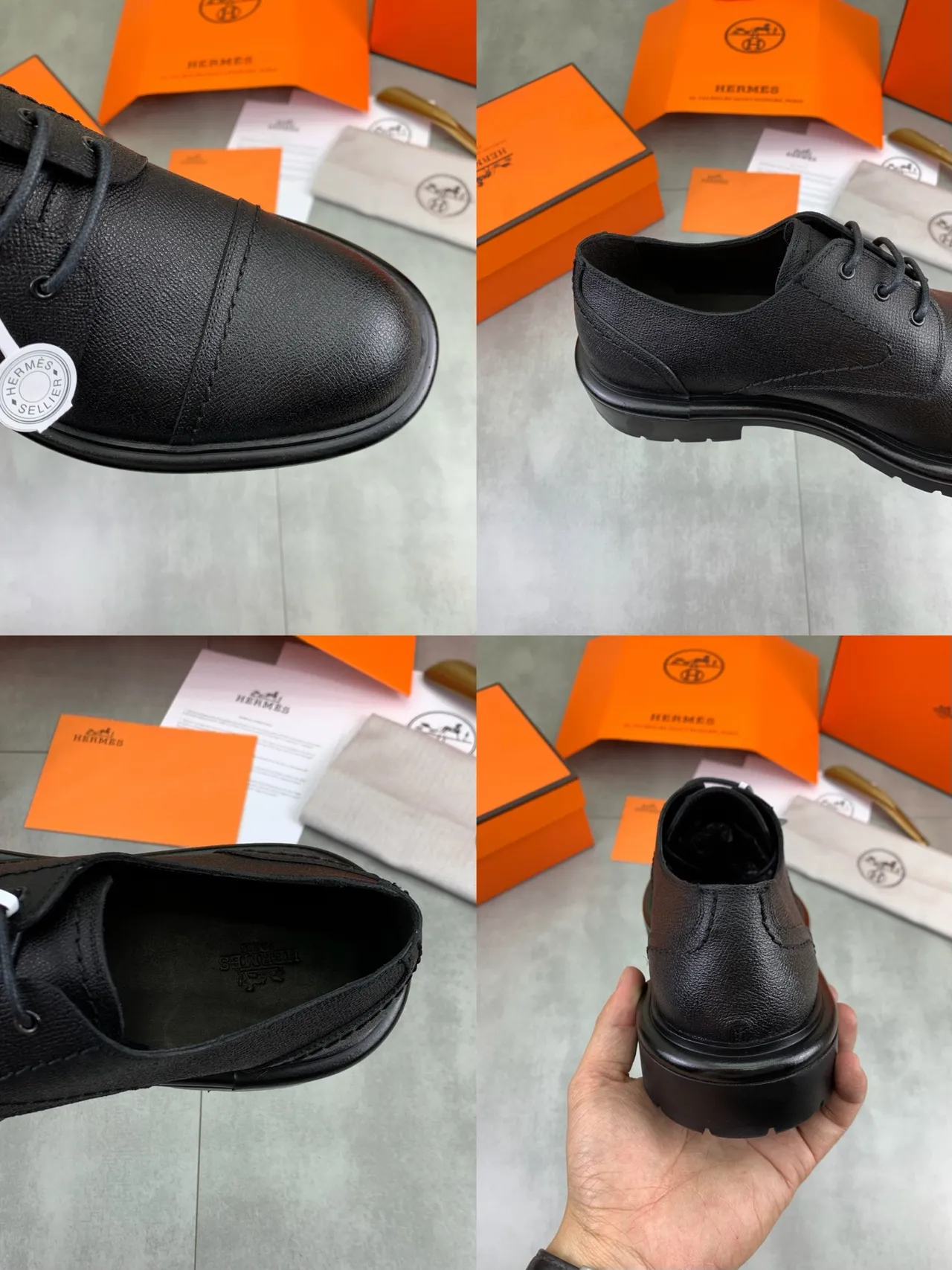 Hermès Zapatos Oxford de Cuero Texturizado con Cap-Toe Negro 2