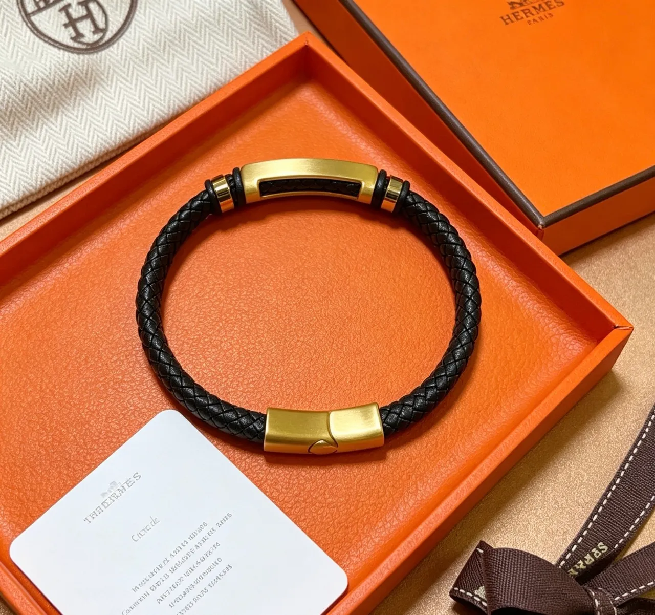 Hermès Black Gold Braided Leather Hardware Bracelet 2