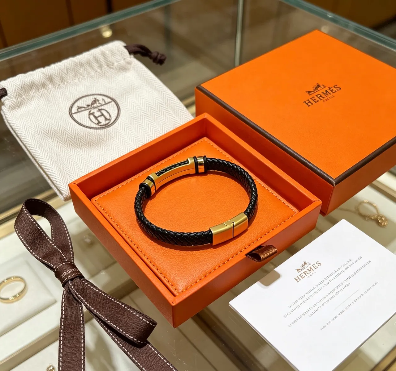 Hermès Black Gold Braided Leather Hardware Bracelet 6