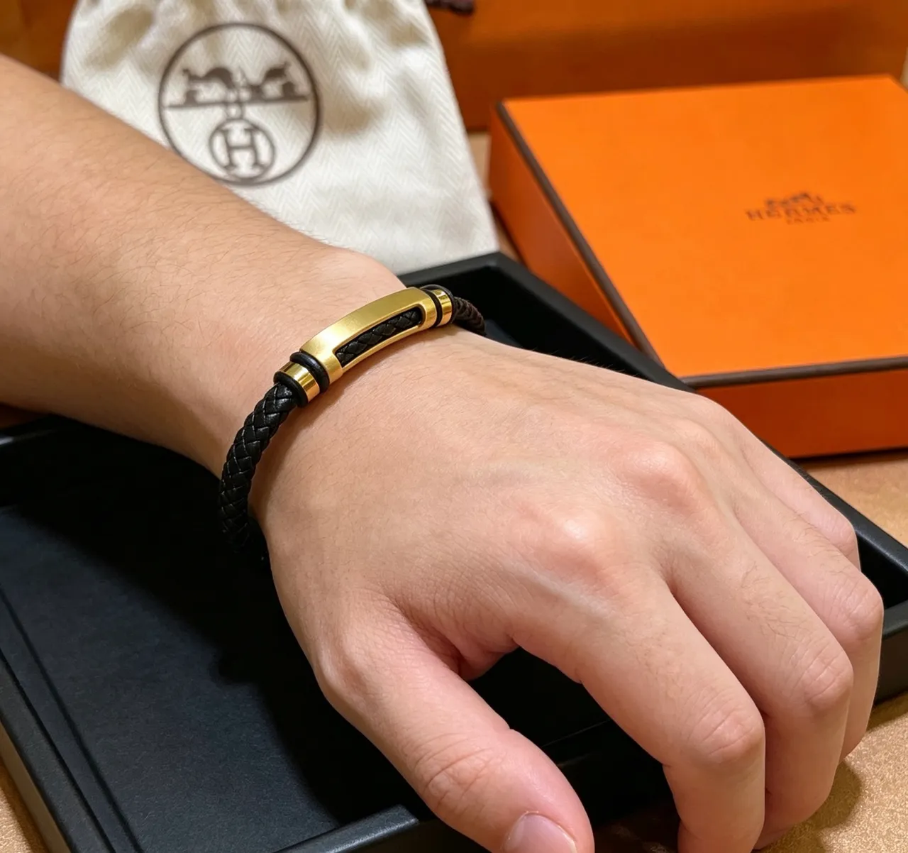 Hermès Black Gold Braided Leather Hardware Bracelet 7