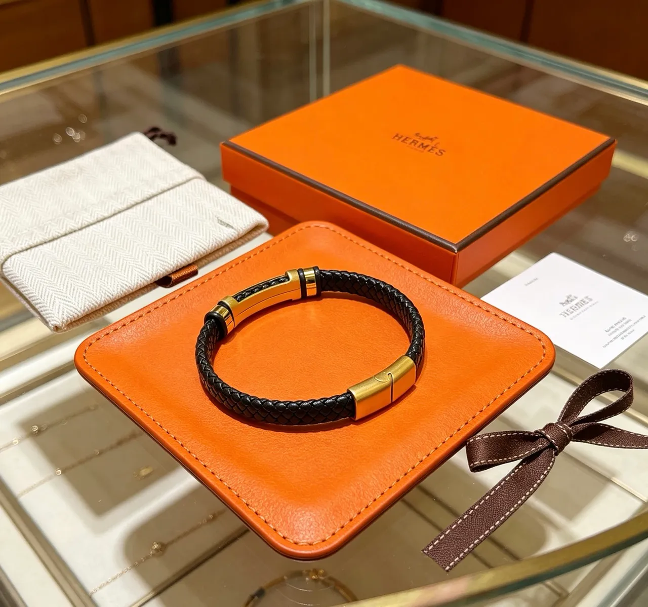 Hermès Black Gold Braided Leather Hardware Bracelet 8