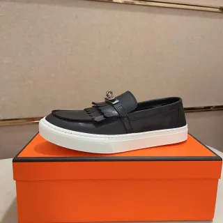 Hermès 黑白 流苏带 皮革 乐福鞋