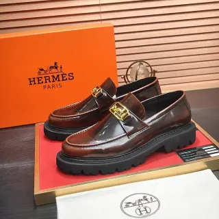 Hermès 棕金 抛光皮革 H型扣带乐福鞋
