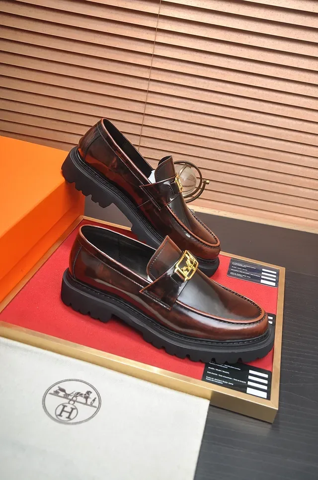 Hermès Brown Gold Polished Leather H-Buckle Strap Loafer 4