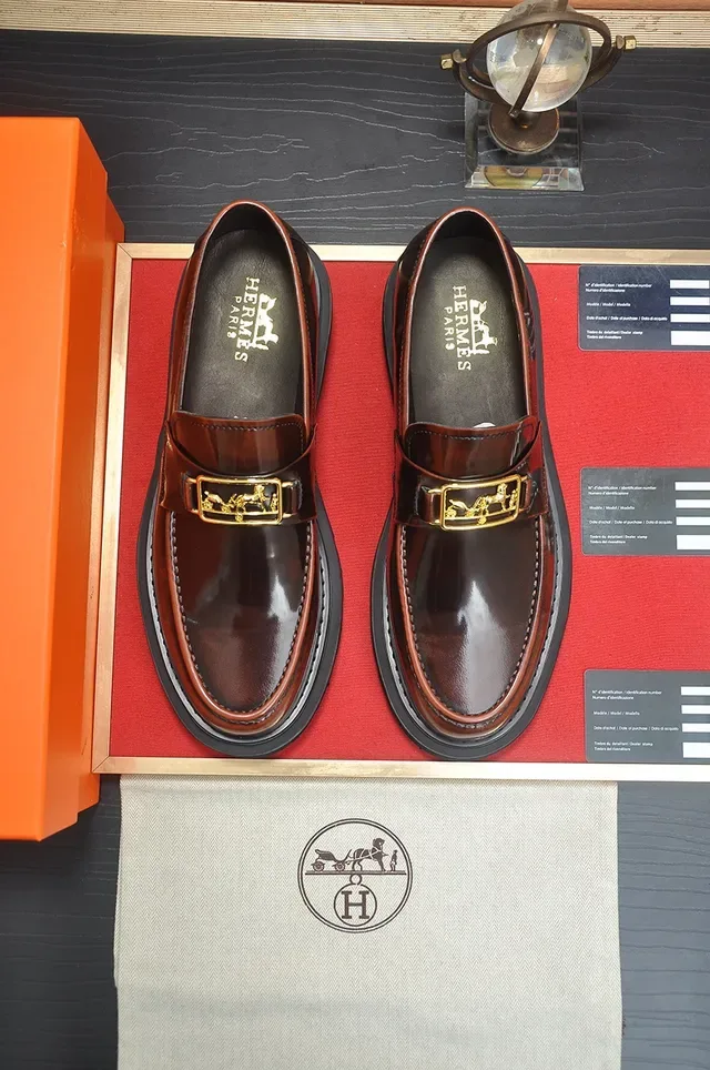 Hermès Brown Gold Polished Leather H-Buckle Strap Loafer 5