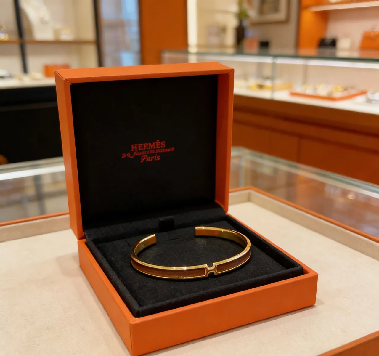 Hermès Clic H Cuir Brun et Doré Bracelet Manchette Ouvert 4