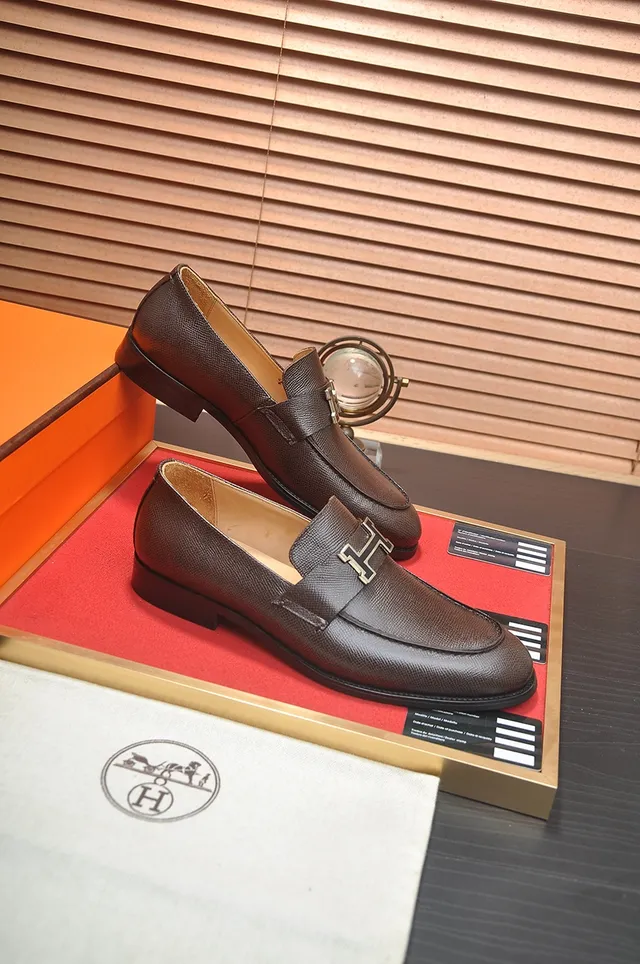 Hermès Constance Loafer বাদামি পেবল্ড চামড়া H-Buckle Loafers 4