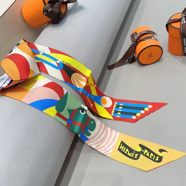 Hermès Graphic-Print Yellow Red Silk Scarf 5