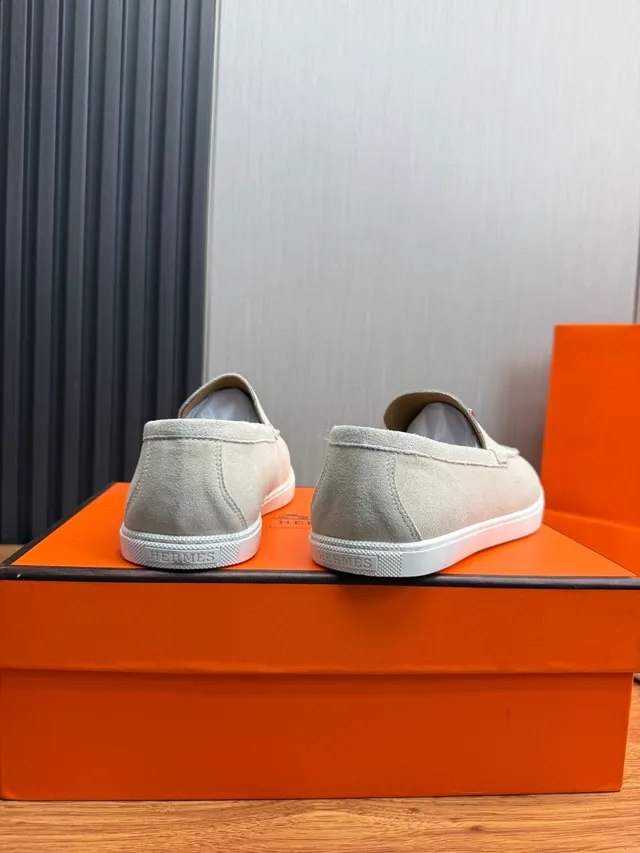 Hermès Gray White Suede Upper H-Shaped Metal Hardware Loafer 5