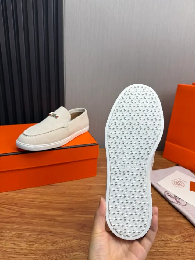 Hermès Gray White Suede Upper H-Shaped Metal Hardware Loafer 9