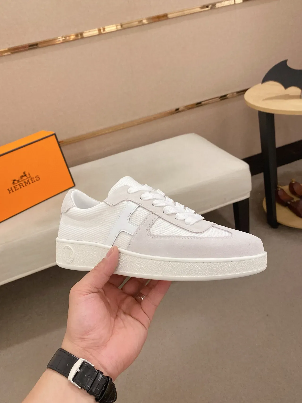 Hermès H Cut Off-White Suede and Textile Lifestyle Sneaker 4