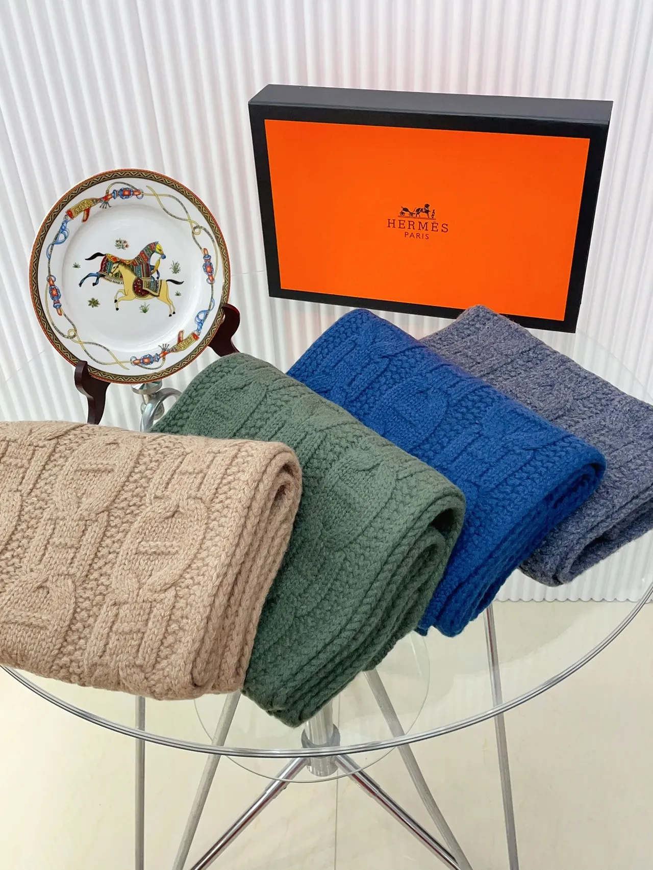 Hermès H Link Cable-Knit Cachecol Cachemir Azul-marinho 5