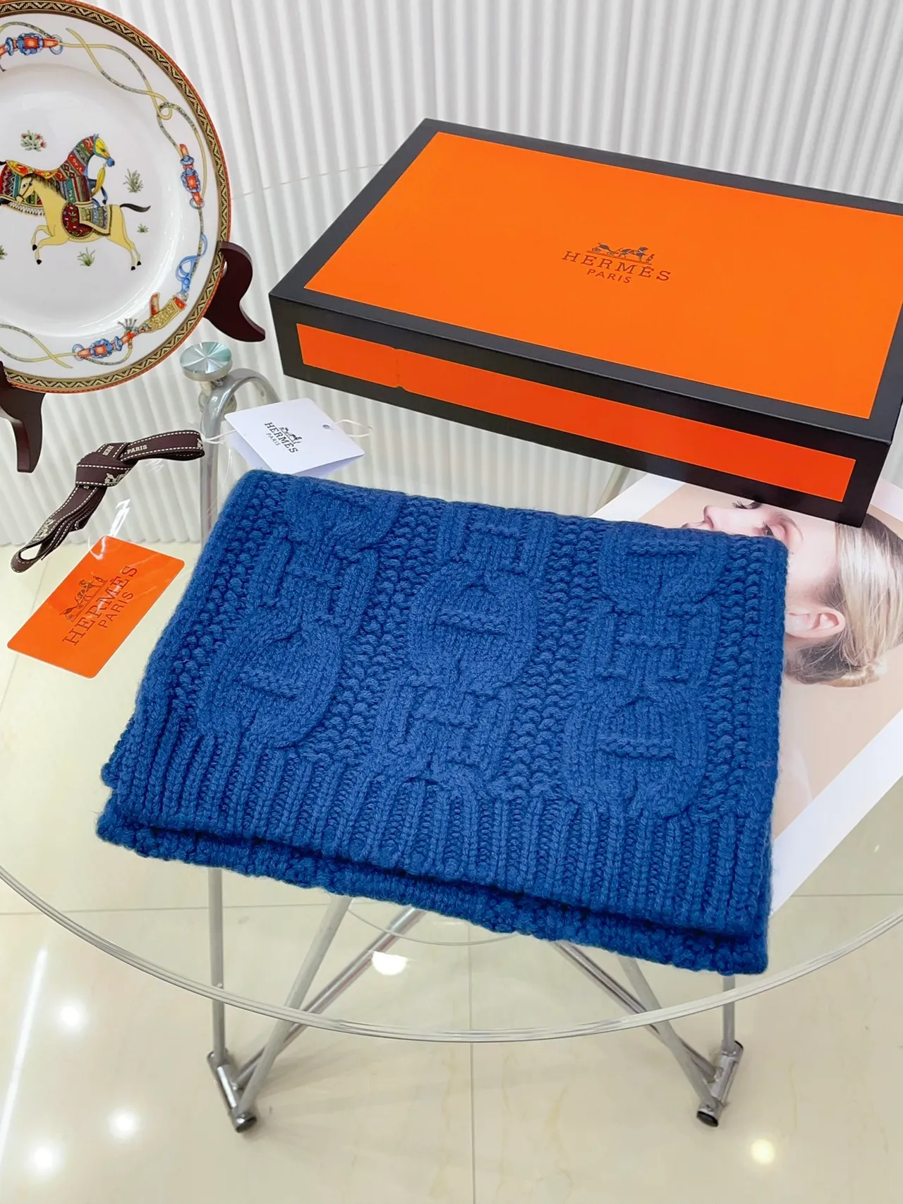 Hermès H Link Cable-Knit Cachecol Cachemir Azul-marinho 6