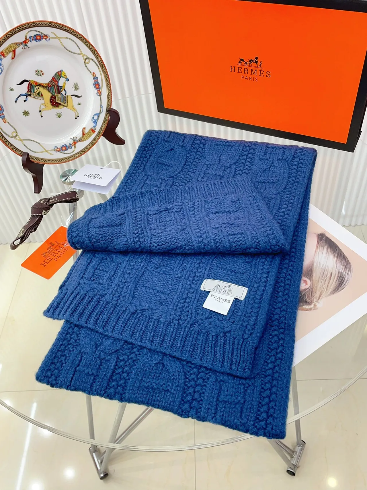 Hermès H Link Cable-Knit Cachecol Cachemir Azul-marinho 7
