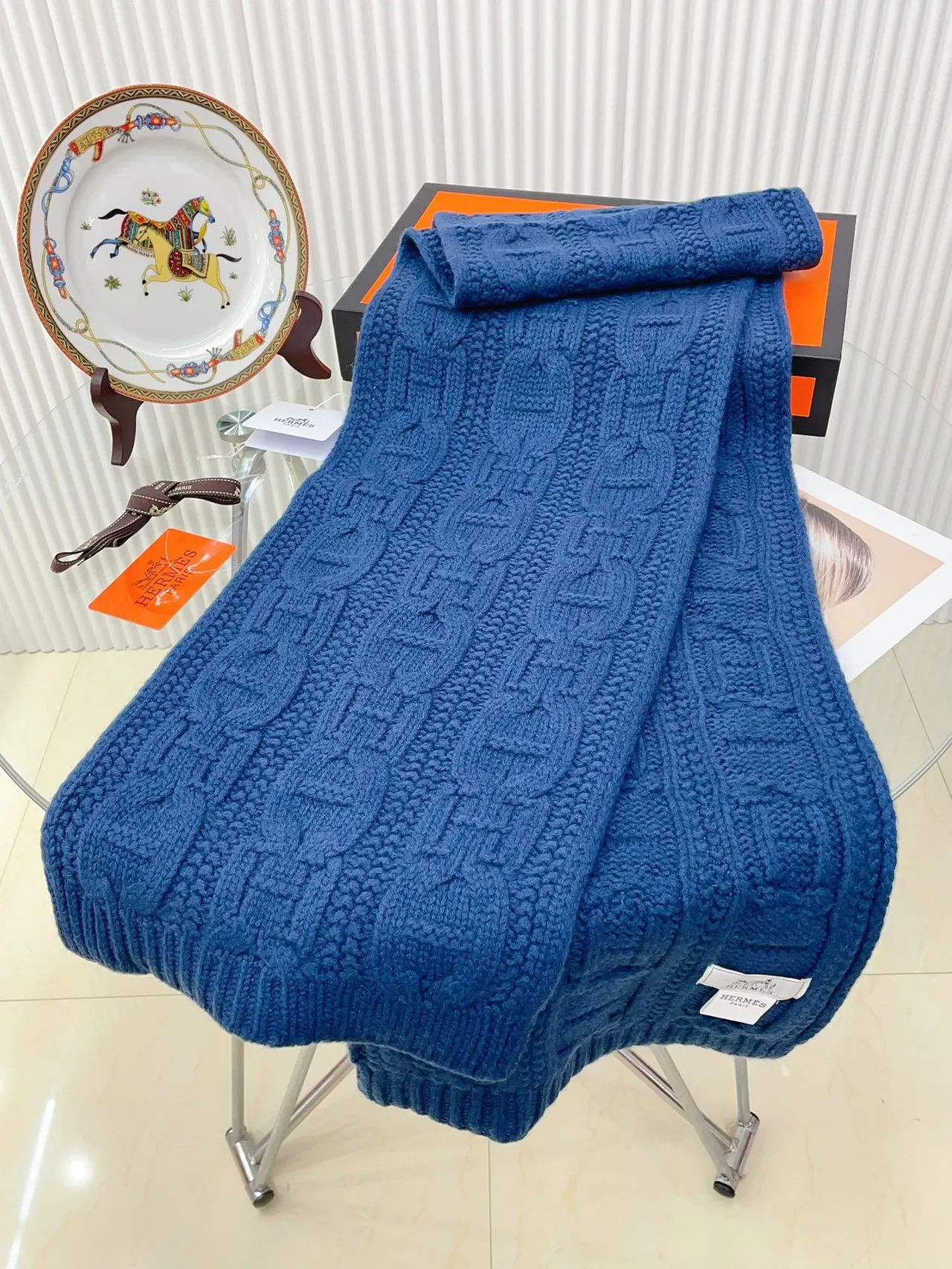 Hermès H Link Cable-Knit Cachecol Cachemir Azul-marinho 8