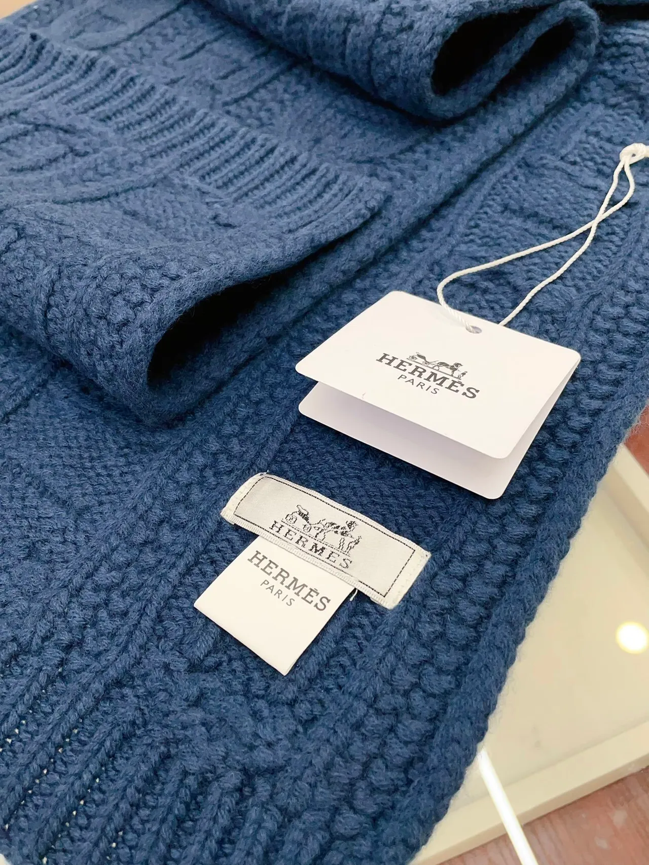 Hermès H Link Cable-Knit Cachecol Cachemir Azul-marinho 9