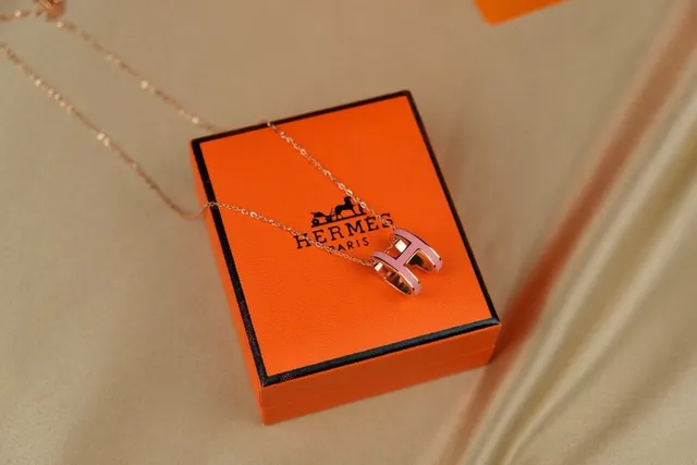 Hermès H হার গোলাপি এনামেল গোলাপি সোনার টোন চেইন হার 2