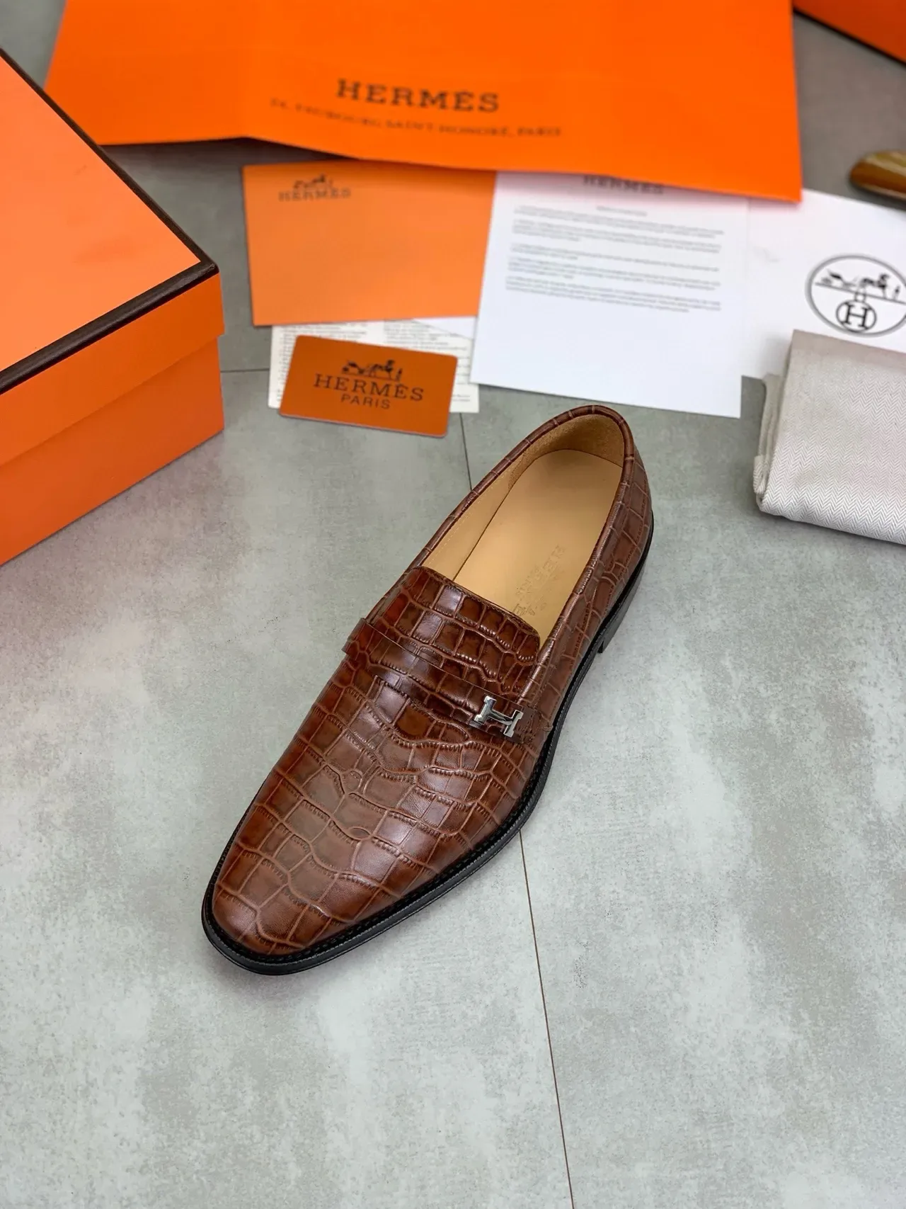 Hermès H-Pocket Loafer Brown Crocodile-Embossed Leather Loafers 5