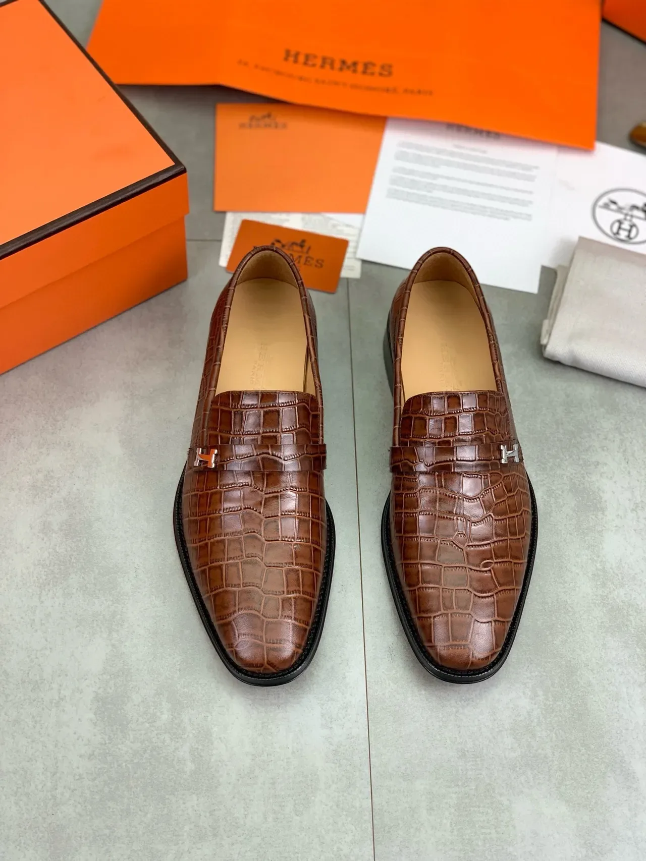 Hermès H-Pocket Loafer Brown Crocodile-Embossed Leather Loafers 6