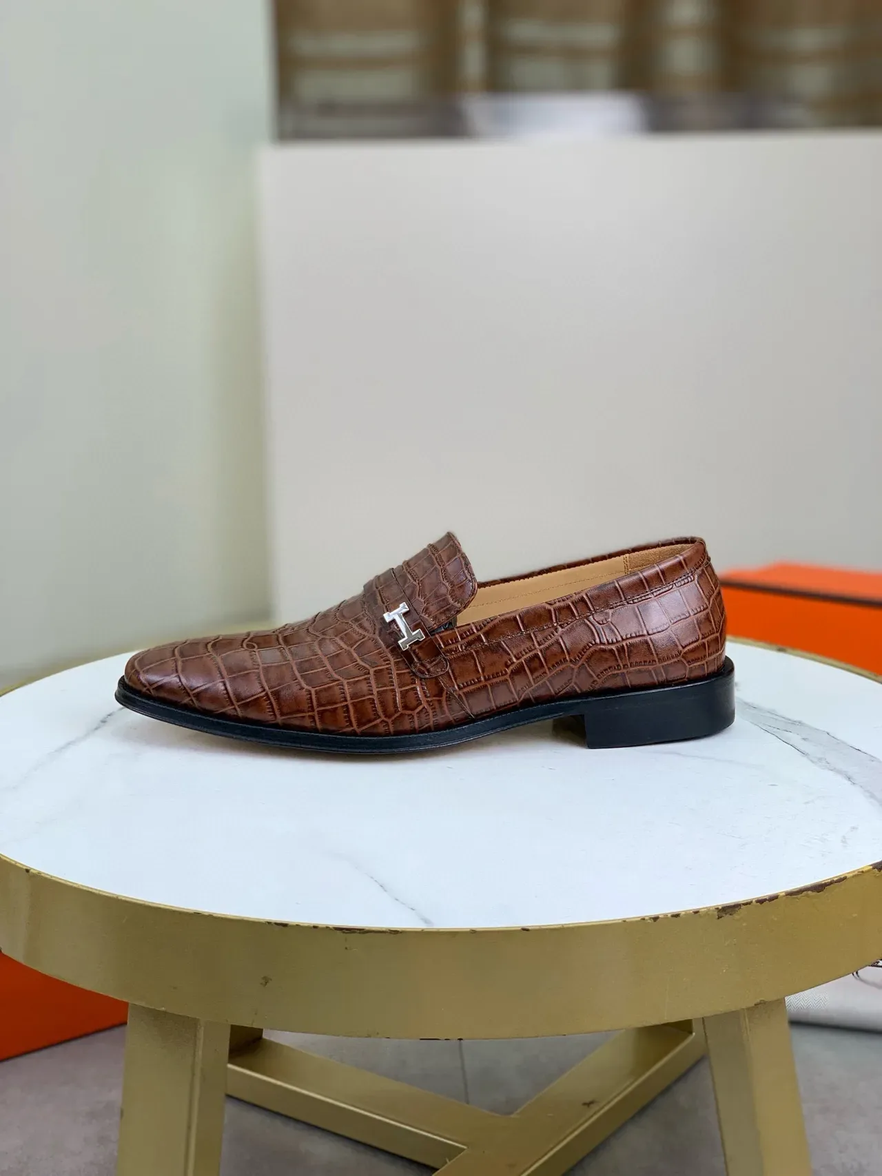 Hermès H-Pocket Loafer Brown Crocodile-Embossed Leather Loafers 7