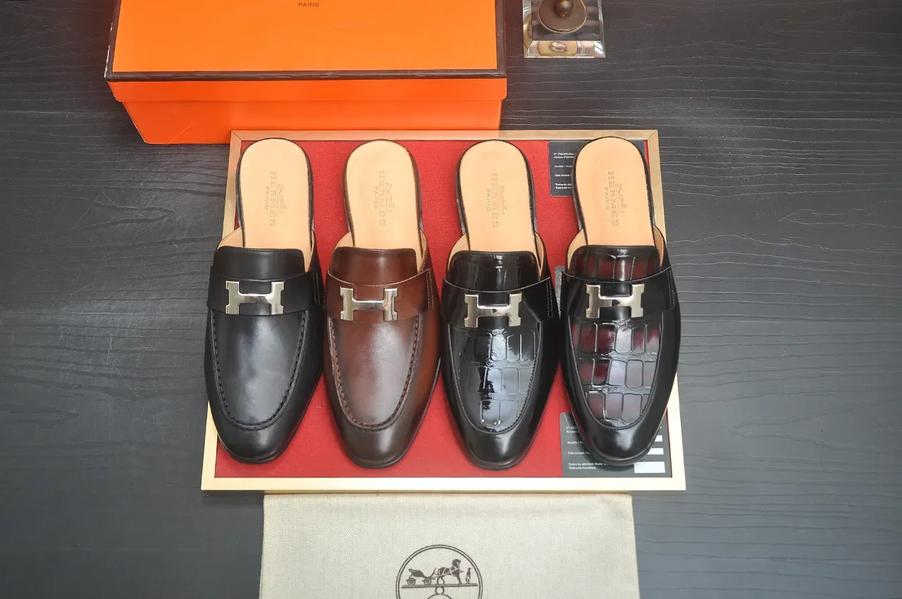 Hermès Oran أسود بيج جلد لامع مشبك معدني على شكل H لافر 3