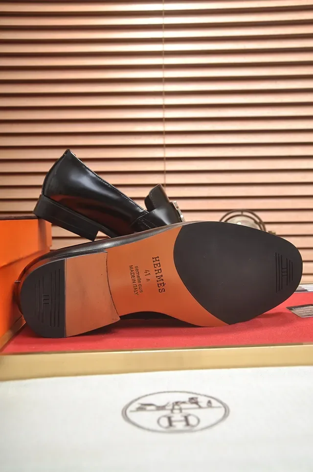 Hermès Oran Black Leather H-Buckle Loafers 3