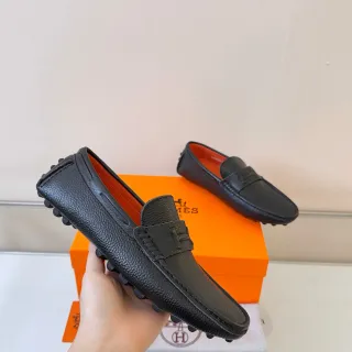 Hermès Oran 黑橙 粒面皮革 H-Logo 鞋带 乐福鞋