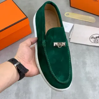 Hermès Oran 绿白 麂皮鞋面 金属H扣五金 乐福鞋