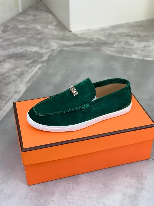 Hermès Oran Green White Suede Upper Metal H-Buckle Hardware Loafer 5