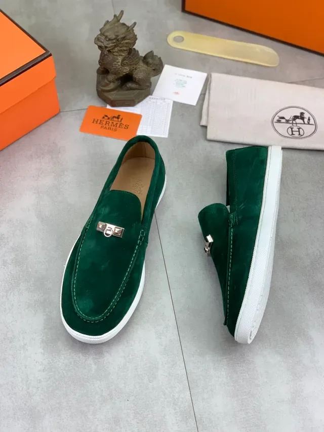 Hermès Oran Green White Suede Upper Metal H-Buckle Hardware Loafer 6