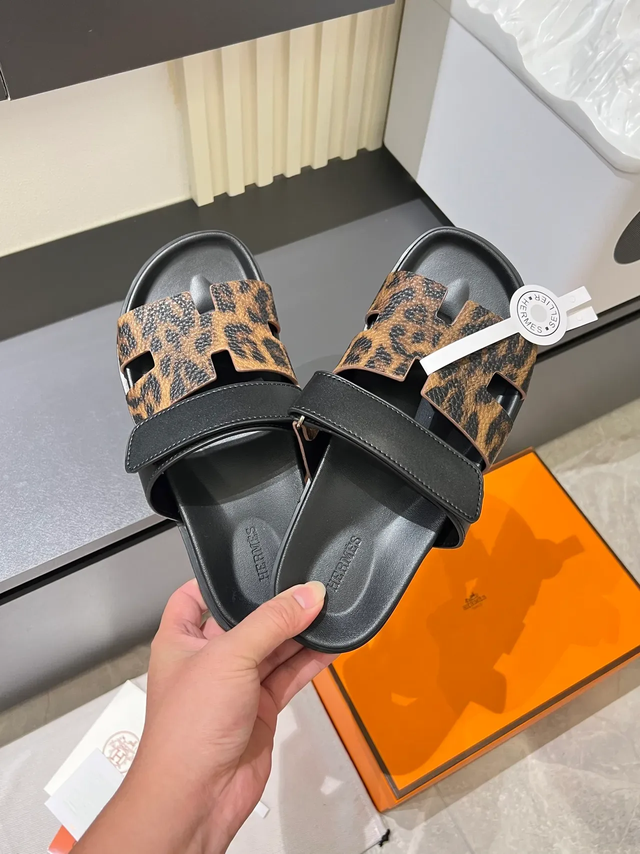 Hermès Oran Leopard and Python-Print H-Strap Slippers 8