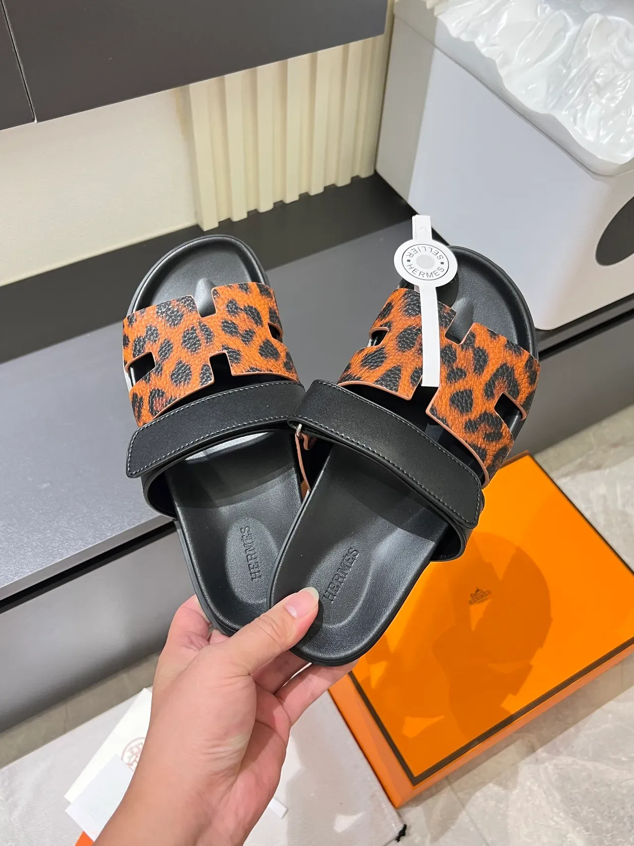 Hermès Oran Leopard and Python-Print H-Strap Slippers 12