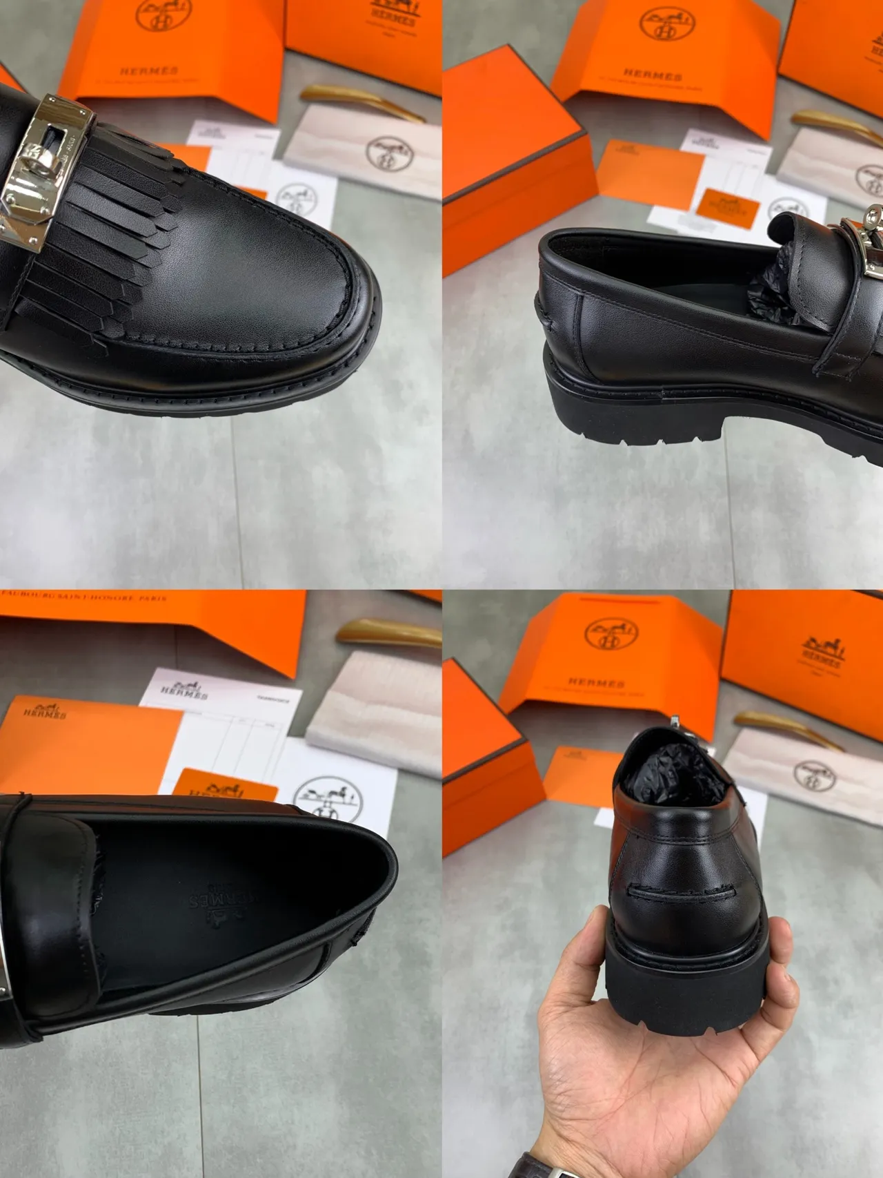Hermès Oran Loafer Black Leather Fringe Strap Loafers 2