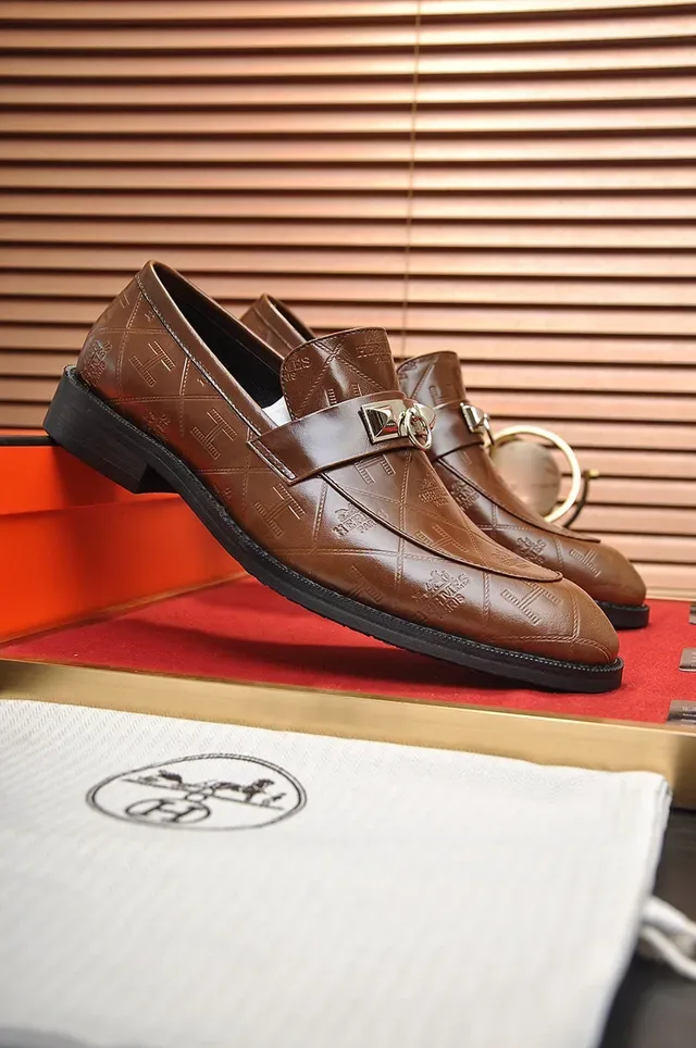 Hermès Oran 棕色 压花皮革 银扣 乐福鞋 9
