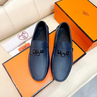 Hermès Oran Navy Black 粒面皮革 H-Ring 硬件 乐福鞋