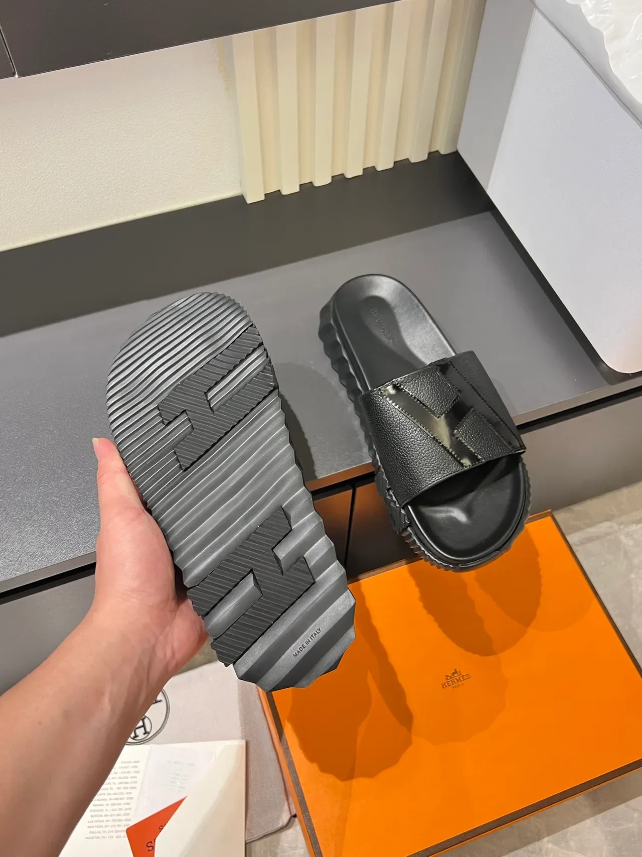 Hermès Oran Slide Black White Orange Leather Slippers 6